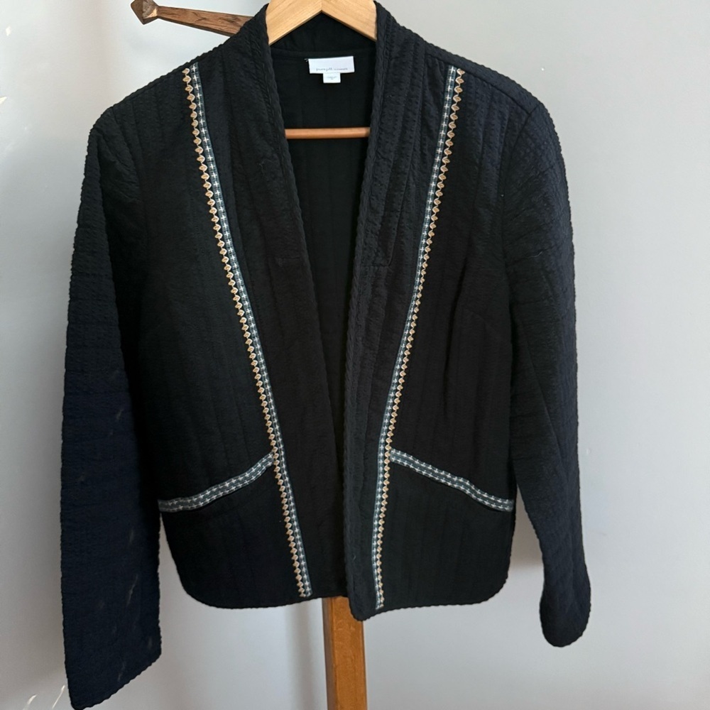 J Jill Medium Black Cotton Boho Open Front Quilted Cozy Jacket
